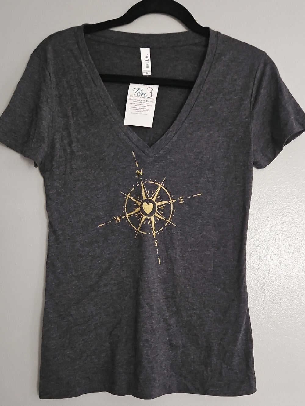 Bella Canvas Charcoal V-Neck Tee with Gold Compass Heart